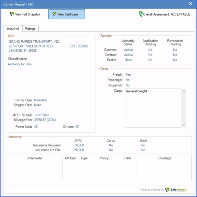 Carrier Snapshot (DOT/Authority/Insurance)