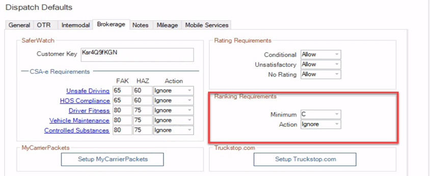Dispatch Defaults / Brokerage Tab