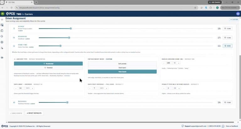 Driver Assignment configuration screen